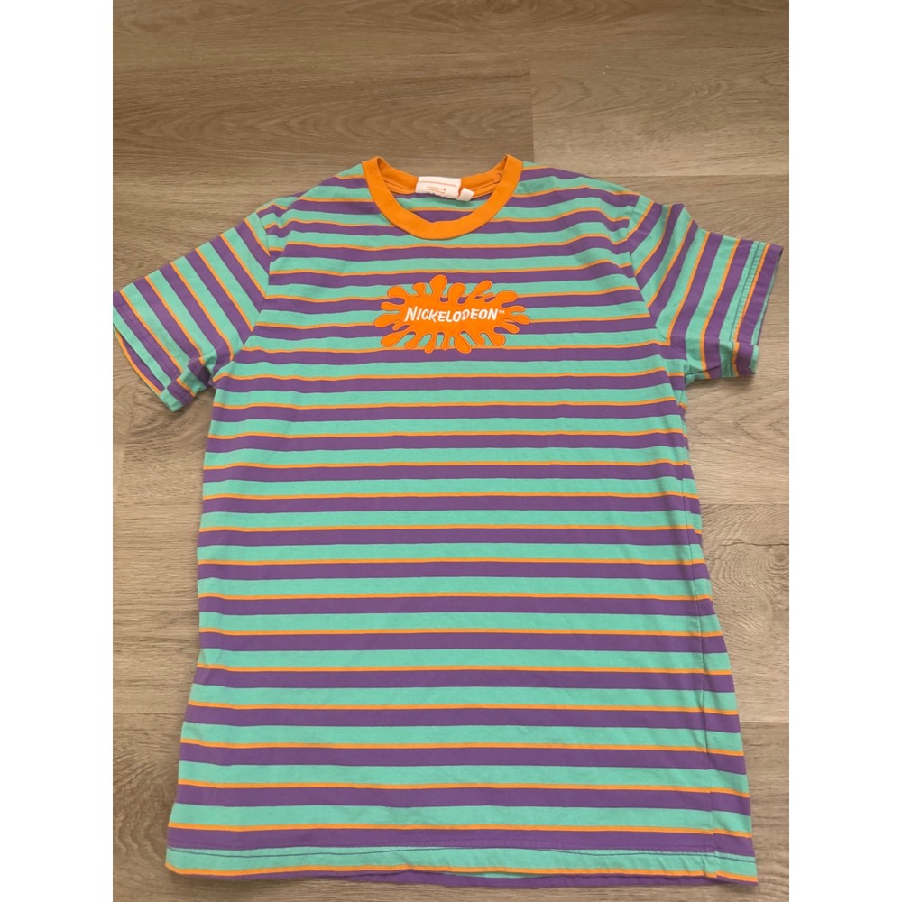 Nickelodeon Striped Graphic T-Shirt Mens Small Teal Purple Orange 90s Style